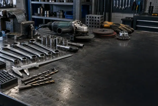 Industrial tools and equipment arranged on a workbench