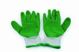 Pair of KOMY cotton work gloves with green latex coating